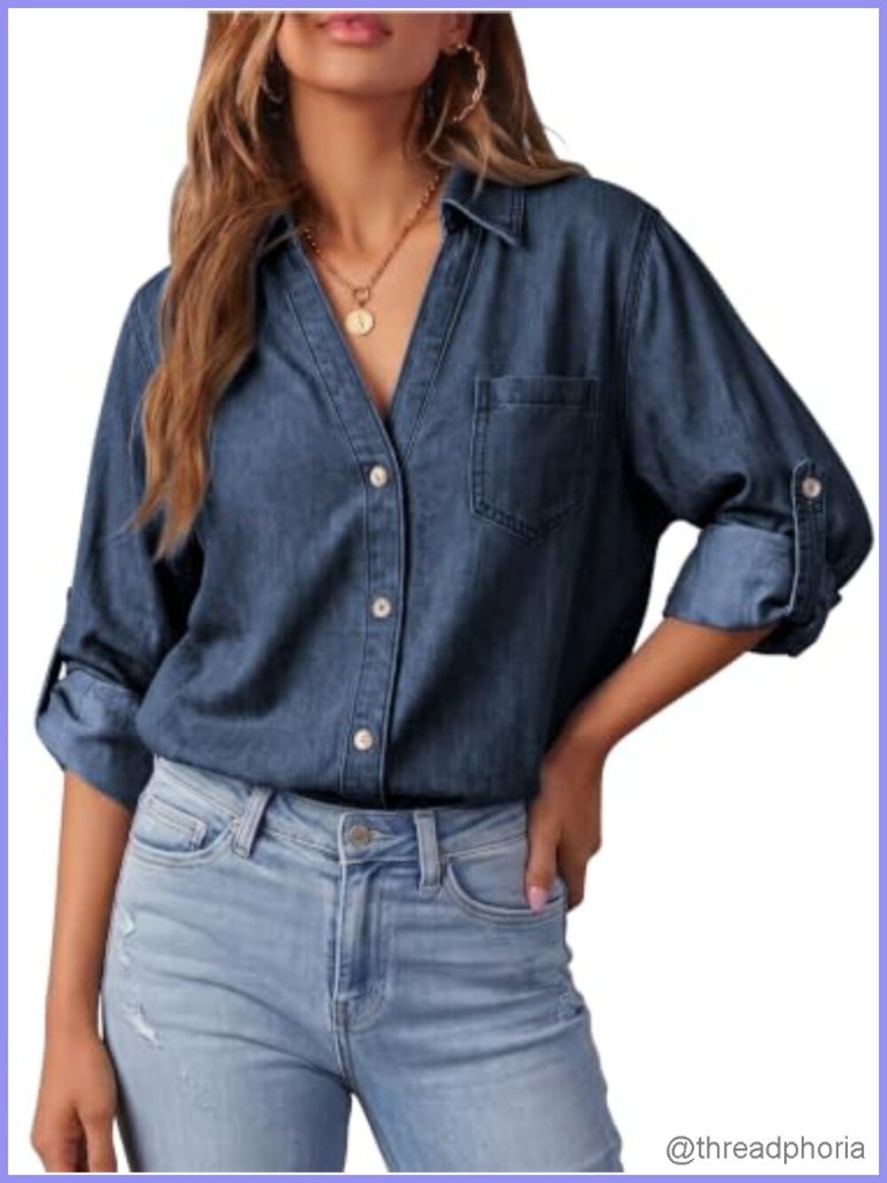 Womens Denim Button Down Shirt Long Sleeve Jean Jacket Blouse